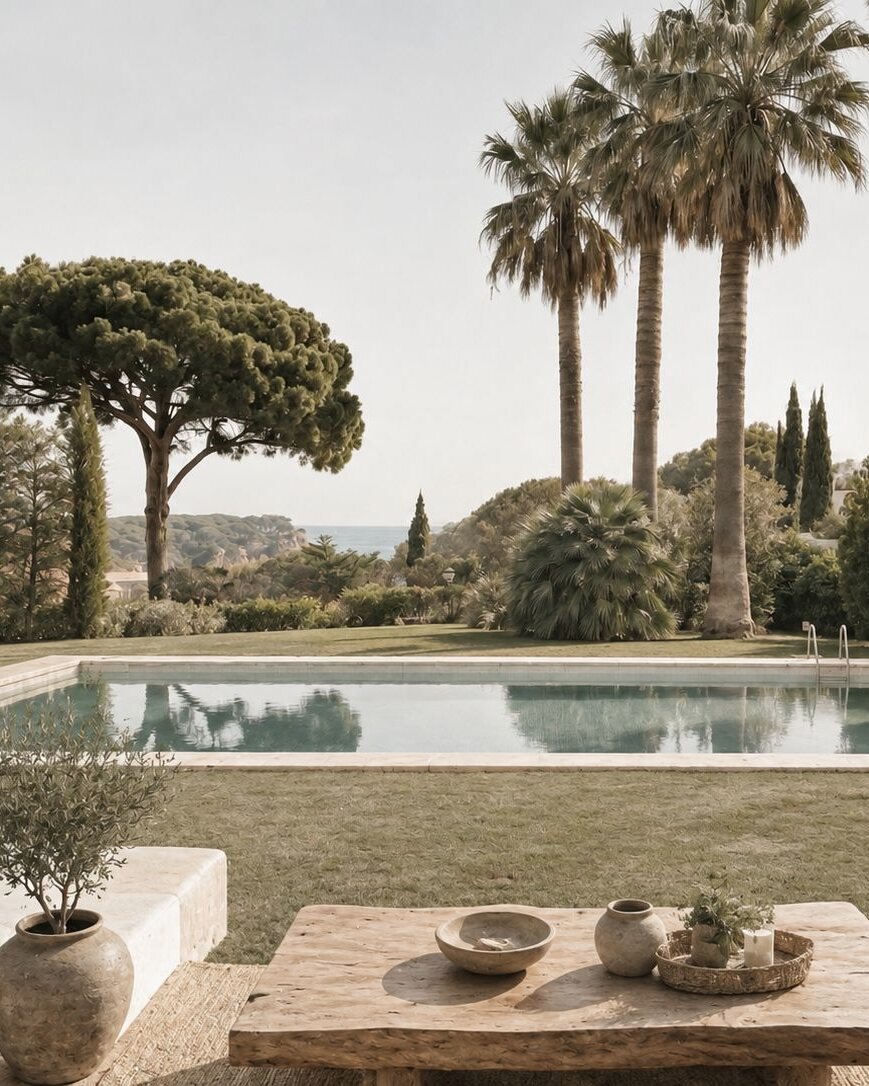 A long pool between umbrella pines and palms, with a low stone table and cushioned seating in the foreground